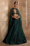 Shop_OMANA BY RANJANA BOTHRA_Emerald Green Blouse And Lehenga - Raw Silk Embroidery Thread Cape Nora Set _Online_at_Aza_Fashions