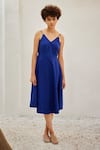 Kharakapas_Blue Cotton Poplin Solid V Neck Iris Dress  _Online_at_Aza_Fashions