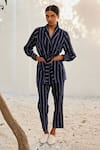 Kharakapas_Blue Gauge Cotton Printed Striped Lapel Collar Talk To Me Co-ord Set _Online_at_Aza_Fashions