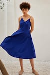 Shop_Kharakapas_Blue Cotton Poplin Solid V Neck Iris Dress  _Online_at_Aza_Fashions