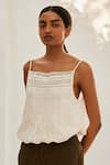 Kharakapas_Off White Mulmul Cotton Embroidered Lace Eggshell Camisole Top  _Online_at_Aza_Fashions