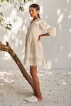 Kharakapas_Off White Schiffli Cotton Solid V Neck Dreaming You Short Dress  _Online_at_Aza_Fashions