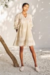 Buy_Kharakapas_Off White Schiffli Cotton Solid V Neck Dreaming You Short Dress  _Online_at_Aza_Fashions