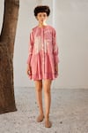 Kharakapas_Pink Mul Cotton Printed Lino Round Daffodil Frilled Hem Dress _Online_at_Aza_Fashions