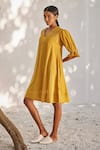 Kharakapas_Yellow Mulmul Cotton Solid V Warm Afternoon Puffed Sleeve Short Dress  _Online_at_Aza_Fashions