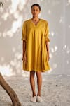 Buy_Kharakapas_Yellow Mulmul Cotton Solid V Warm Afternoon Puffed Sleeve Short Dress  _Online_at_Aza_Fashions