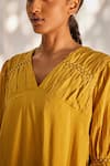 Shop_Kharakapas_Yellow Mulmul Cotton Solid V Warm Afternoon Puffed Sleeve Short Dress  _Online_at_Aza_Fashions