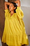 Buy_Kharakapas_Yellow Mul Cotton V Neck Marigold Tiered Dress  _Online_at_Aza_Fashions