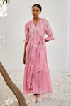 Kharakapas_Pink Mulmul Cotton Printed Lino V Neck Tale Untold Wrap Dress  _Online_at_Aza_Fashions