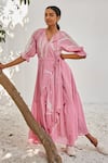 Shop_Kharakapas_Pink Mulmul Cotton Printed Lino V Neck Tale Untold Wrap Dress  _Online_at_Aza_Fashions