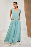 Buy_Kharakapas_Blue Linen Solid V Neck Morning Sky Jumpsuit  _Online_at_Aza_Fashions