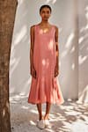 Buy_Kharakapas_Pink Linen Scoop Neck Soft Gaze Flared Dress  _Online_at_Aza_Fashions