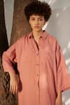 Shop_Kharakapas_Pink Linen Shirt Collar Blossom Flared Sleeve Dress  _Online_at_Aza_Fashions