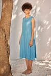 Kharakapas_Blue Linen Embroidered Running Stitches Boat When It Rains Midi Dress  _Online_at_Aza_Fashions