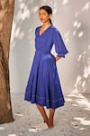 Kharakapas_Blue Cotton Poplin Embroidered Running Bustling Wind Midi Dress  _Online_at_Aza_Fashions