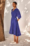 Buy_Kharakapas_Blue Cotton Poplin Embroidered Running Bustling Wind Midi Dress  _Online_at_Aza_Fashions