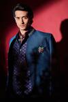 Buy_BUBBER COUTURE_Blue Flat Raw Silk Print Diametric Bandhgala Jacket _Online_at_Aza_Fashions