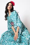Buy_Pds By Sneha_Green Satin Embroidery V-neck Floral Embellished Kaftan And Skirt Set _Online_at_Aza_Fashions