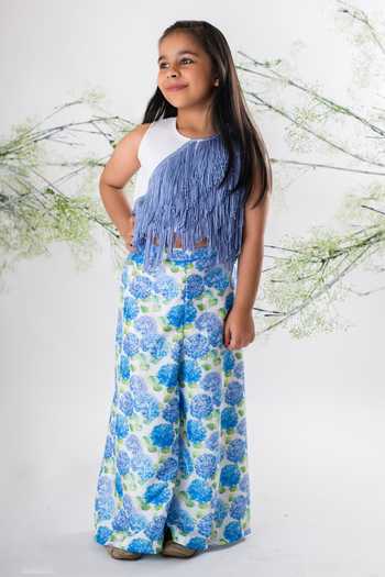 Lil Angels_White Crepe, Cotton Fringe, Embroidery Top And Floral Print Pant Set _Online_at_Aza_Fashions