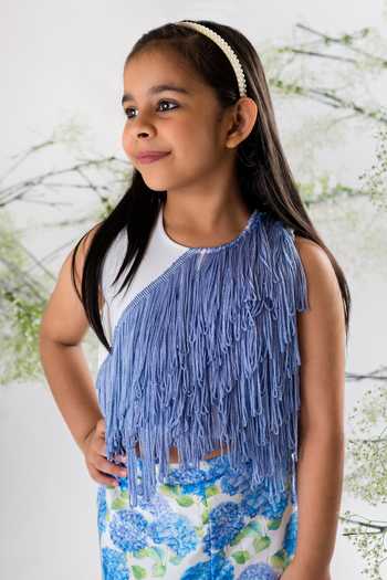 Buy_Lil Angels_White Crepe, Cotton Fringe, Embroidery Top And Floral Print Pant Set _Online_at_Aza_Fashions