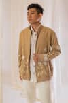 Shop_Vaani Beswal_Beige Handwoven Muga Slub Embroidery Floral Bomber Jacket _Online_at_Aza_Fashions