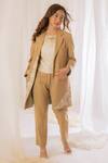 Buy_Vaani Beswal_Beige Handwoven Muga Slub Floral, Thread Notched Lapel Placket Embroidered Coat _Online_at_Aza_Fashions