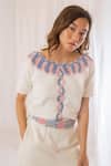 Vaani Beswal_Off White Embroidery Boat Neck Crop Top _at_Aza_Fashions