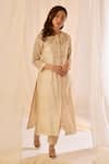 Shop_Vaani Beswal_Beige Handwoven Tussar Silk Round Bodice Embroidered Kurta And Pant Set _Online_at_Aza_Fashions