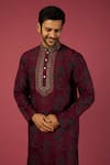 Buy_Krishna Mehta_Maroon Tussar Printed Floral Blossom Block Kurta Set _Online_at_Aza_Fashions