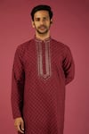 Krishna Mehta_Red Tussar Printed Floral Kurta Set _Online_at_Aza_Fashions