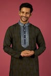 Krishna Mehta_Green Tussar Embroidered Floral Botanical Print Kurta Set _Online_at_Aza_Fashions