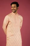 Krishna Mehta_Peach Tussar Printed Floral Garden Block Kurta Set _Online_at_Aza_Fashions