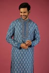 Krishna Mehta_Blue Tussar Printed Floral Blossom Block Kurta Set _Online_at_Aza_Fashions