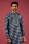 Krishna Mehta_Blue Tussar Printed Floral Garden Block Kurta Set _Online_at_Aza_Fashions