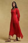 Ritu Kumar_Red Crimp Satin V Neck Asymmetric Kurta _Online_at_Aza_Fashions