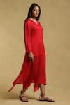 Buy_Ritu Kumar_Red Crimp Satin V Neck Asymmetric Kurta _Online_at_Aza_Fashions