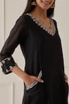 Kamaltaas_Black Chanderi Silk, Lining Mulmul Gota, Pittan Work V Neck Kurta _Online_at_Aza_Fashions