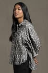 Buy_Ritu Kumar_Grey Cotton Ikat Whimsical Heritage Spread Collar Pattern Balloon Sleeve Kurti _Online_at_Aza_Fashions