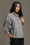 Shop_Ritu Kumar_Grey Cotton Ikat Whimsical Heritage Spread Collar Pattern Balloon Sleeve Kurti _Online_at_Aza_Fashions