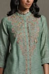 Ritu Kumar_Green Handloom Cotton Chanderi Embroidered Floral Mandarin Collar Kurta _at_Aza_Fashions