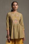 Ritu Kumar_Green Viscose Slub Floral Embroidered Kurta_Online_at_Aza_Fashions