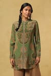 Ritu Kumar_Green Rayon Crepe Paisley Band Collar Kurta _Online_at_Aza_Fashions