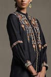 Shop_Ritu Kumar_Black Yarn Dyed Cotton-blue Chevron Embroidered Floral Mandarin Collar Kurta _Online_at_Aza_Fashions