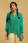 Ritu Kumar_Green Crimp Satin Band Collar High Low Hem Short Kurti _Online_at_Aza_Fashions