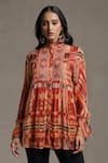 Ritu Kumar_Orange Viscose Chiffon And Embroidery Geometric Band Short Kurta _Online_at_Aza_Fashions