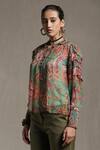 Ritu Kumar_Green Viscose Chiffon Floral And Paisley Print Band Front Tie Up Short Kurta_Online_at_Aza_Fashions