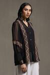 Shop_Ritu Kumar_Black Viscose Georgette Embroidery Thread Band Collar Button Down Short Kurta _Online_at_Aza_Fashions