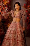 Mrunalini Rao_Red Raw Silk And Organza Rosette Handcrafted Bridal Lehenga Set  _Online_at_Aza_Fashions