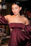 Buy_Kangana Trehan_Maroon Satin Embellished Metallic Straight Off Shoulder Cutout Dress  _Online_at_Aza_Fashions