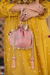 Amyra_Pink Pearls, Lace Kashi Banarasi Potli Bag _Online_at_Aza_Fashions